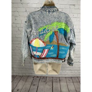 VTG Chazzz Light Wash Distressed Rhinestone Embroidered Paradise Jean Jacket M